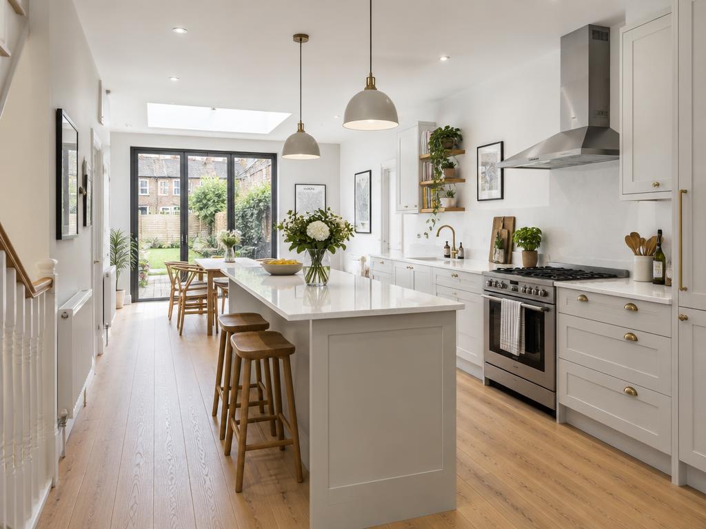 Renovated open-plan kitchen with oak flooring
